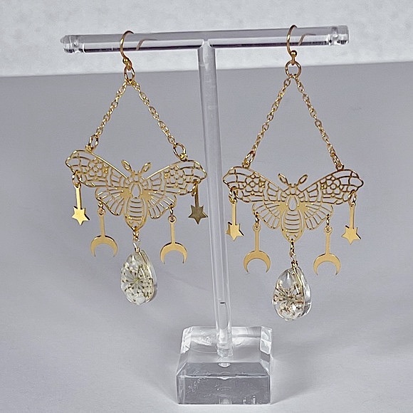 Moth flower moon stars earrings gold dangle boho - Picture 5 of 6